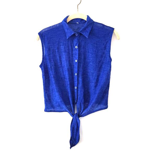 VINTAGE Sheer Button Down Blue Crop Top L-XL - Picture 1 of 7